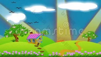 <strong>儿童故事</strong>概念中带有日出和彩虹的小山上可爱的小屋动画卡通插图